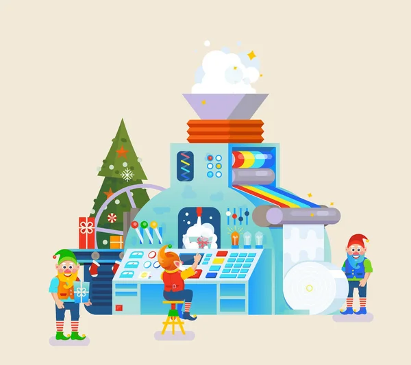 Christmas elves factory with gift on conveyor. Elf concept, celebration and holiday, festive theme. — Stock Vector