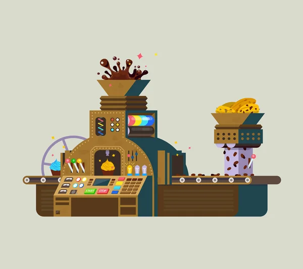 Chocolate Factory vector iilustration (dalam bahasa Inggris). Cetak persiapan makanan coklat kreatif, terbuat dari biji kakao . - Stok Vektor