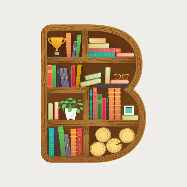 Bücherregal drucken mit bunten Büchern und Alltagsgegenständen. — Stockvektor