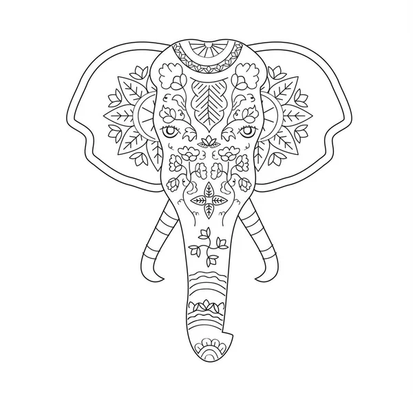 Векторный ручной рисунок слона с индийской традицией рисунка на коже для взрослых раскраски книги . — стоковый вектор