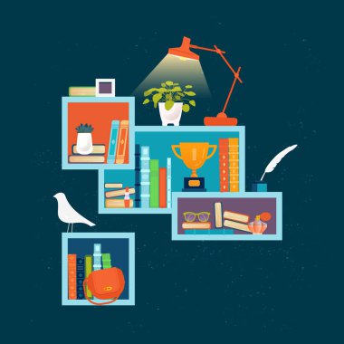 Vektör çizim modern raflardan kitap, parfüm ve kupa birincilik için kız oturma odasında.