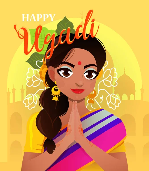 Feliz Ugadi. Modelo cartão de saudação para férias. Personagem positivo menina indiana em saudação pose namaste . —  Vetores de Stock