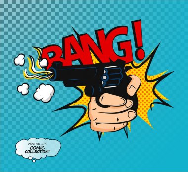 Pop sanat komik tasarım kabarcıklar. Bang yazı, atış tabanca. Komik konuşma ifade yazdırma.