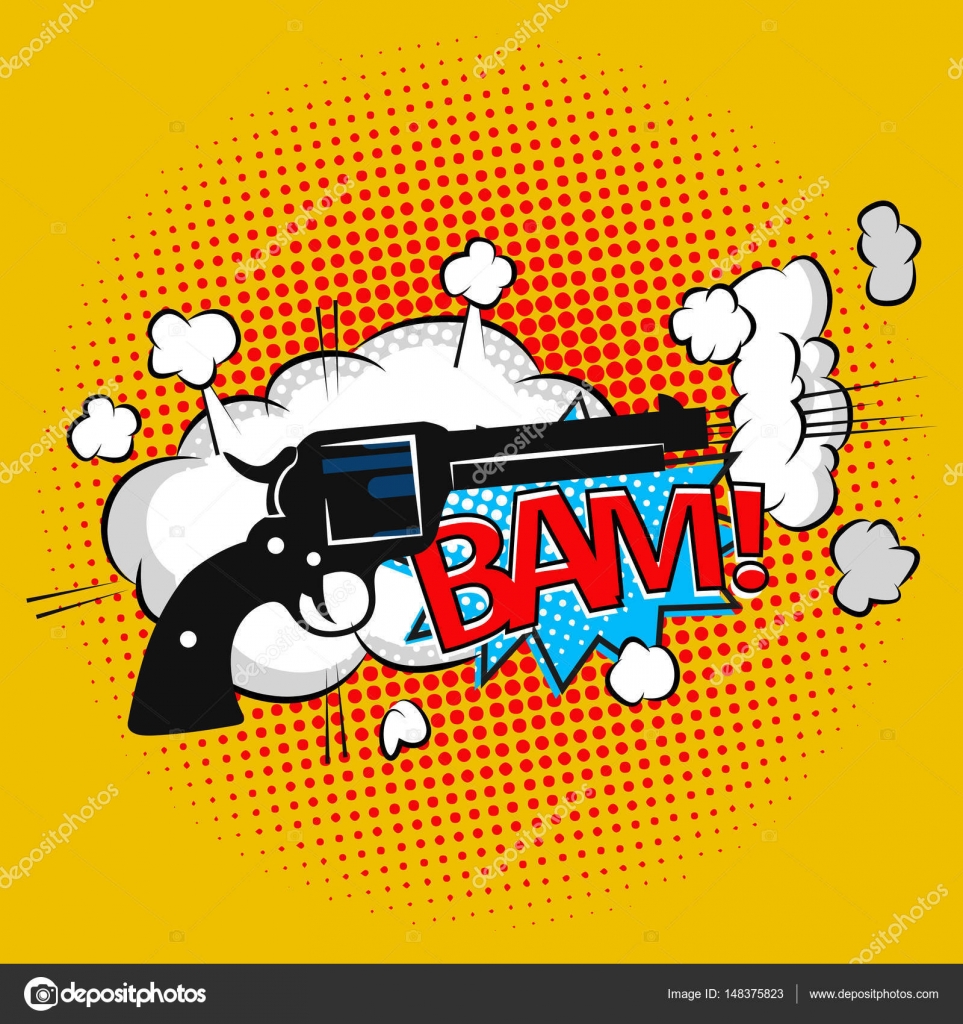 Bolhas de quadrinhos discurso pistola cowboy tiro impressão. Efeito sonoro  do texto . Vetor de stock de ©Vivali 148375823, image size:963x1024