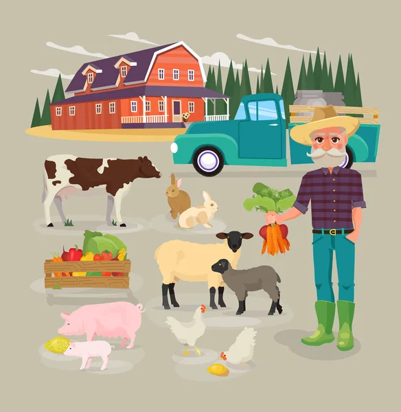 Animales de granja ambientados en estilo plano aislados sobre fondo. Ilustración vectorial. Colección de animales de dibujos animados . — Vector de stock