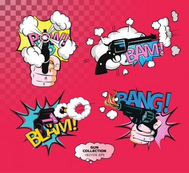 Vektör yaratıcı çıkartmalar çizgi roman tarzı. Adam arka plan üzerinde izole tabanca ile. Pop art, retro tarzı yamalar öğeleri moda ayarla.