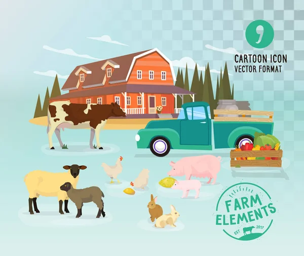 Mezőgazdasági termelő háziállatok készlet a áttetszőség háttér elszigetelt. Rajzfilm szarvasmarha vidéki gyűjtemény. — Stock Vector
