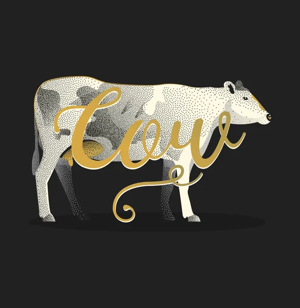 Vaca. Design de cartão de lettering desenhado à mão. Estilo gráfico de pontilismo . —  Vetores de Stock