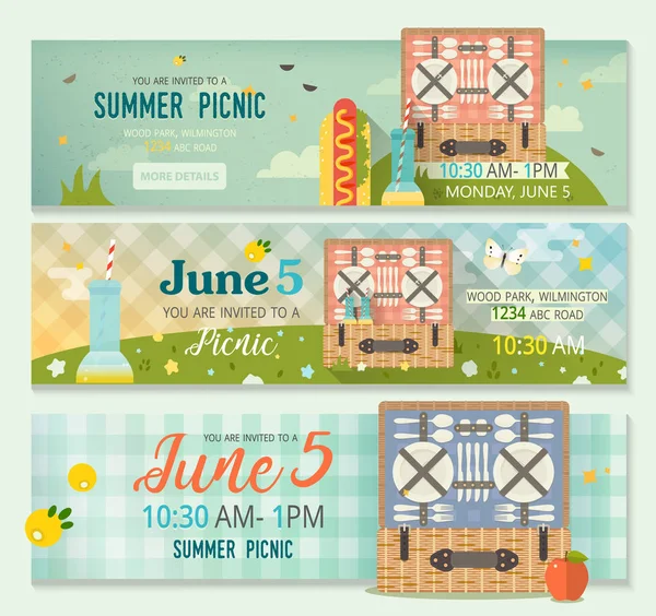 Colección vectorial de verano de pancarta de picnic familiar. Conjunto de pancartas horizontales de glade de picnic . — Archivo Imágenes Vectoriales