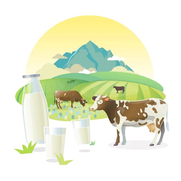 Ilustração vetorial do leite com vacas pastando em prados alpinos, no fundo da paisagem montanhosa . —  Vetores de Stock