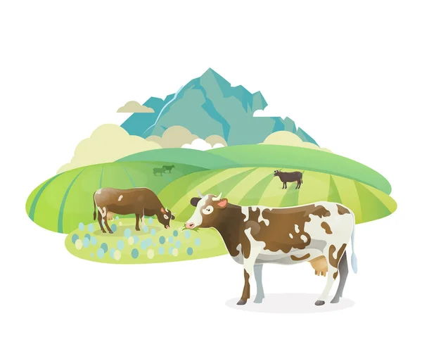 Ilustración de etiquetas con vacas felices pastando en prados alpinos, sobre el fondo del paisaje montañoso . — Archivo Imágenes Vectoriales