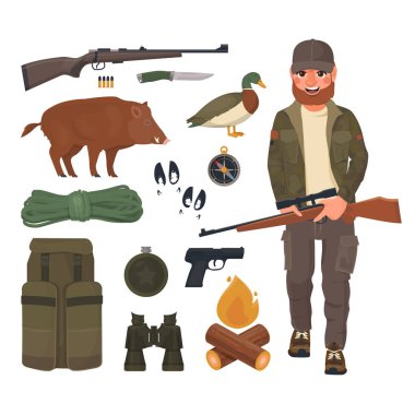 Avcılık Icons set, avcı tüfeği karikatür tarzı ile. Mühimmat profesyonel avcı.