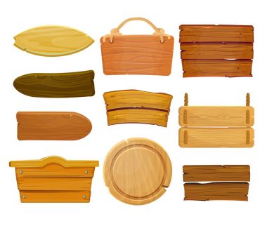 Karikatür kahverengi ahşap plaka ve kurdeleler. Eski Batı ahşap masa, vektör set izole beyaz arka plan üzerinde.