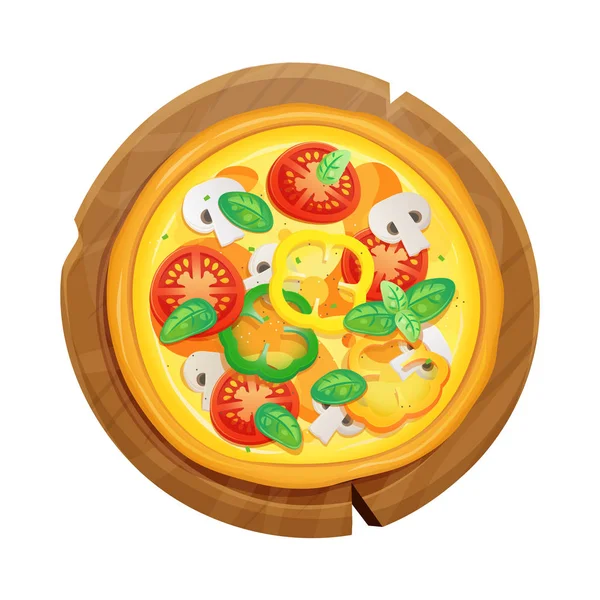 Ilustracja kreskówka pizza na okrągły drewnianej tablicy. Wegetariańskie pizza z serem, pomidory, paprykę i pieczarki składników. — Wektor stockowy