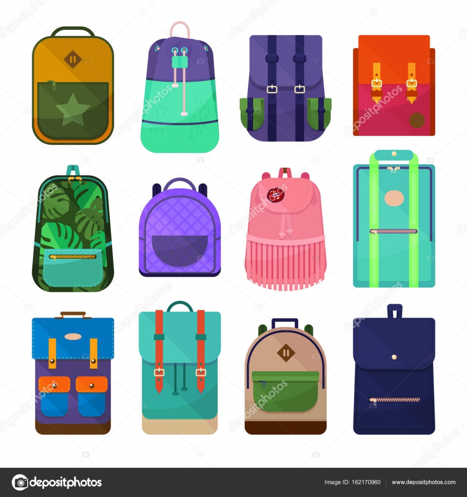 Elegante conjunto de mochilas escolares adolescentes. Mochilas de colores  clip arte aislado sobre fondo blanco . Vector de stock por ©Vivali 162170960