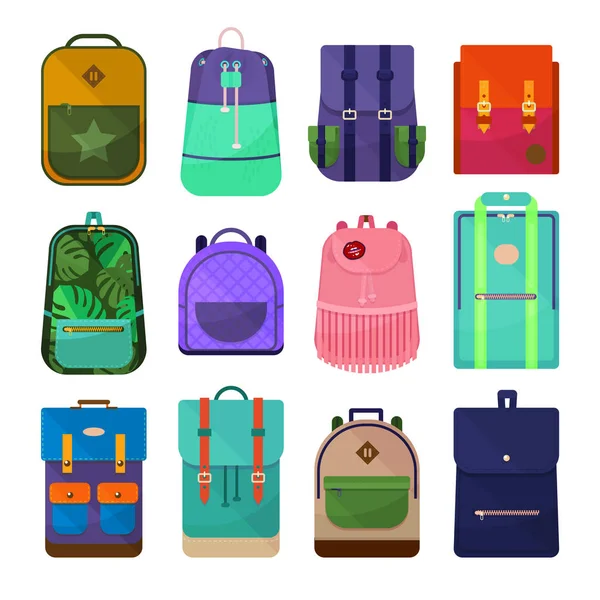 Elegante conjunto de mochilas escolares adolescentes. Mochilas de colores clip arte aislado sobre fondo blanco . — Vector de stock