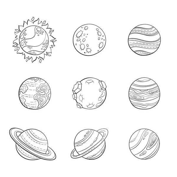 Pianeti dei cartoni animati vettoriali, illustrazione dello spazio educativo per adulti pagina da colorare antistress . — Vettoriale Stock