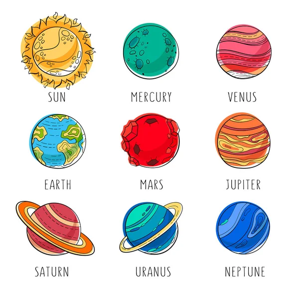 Ilustración del espacio de educación plana vectorial. Conjunto de planetas aislados, estilo dibujado a mano — Archivo Imágenes Vectoriales