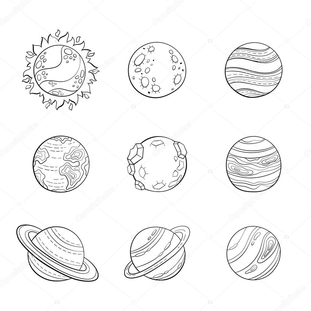Vector cartoon planets, education space illustration for adult antistress coloring page.