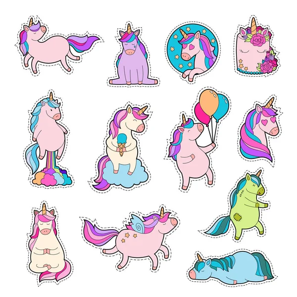 Magic unicorn patches. Trendy pink unicorn sticker pack — Stock Vector