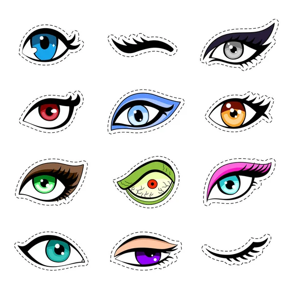 Stickers, patch set of woman eyes collection. Anime cartoon style. Vector sticker kit. — Stock Vector
