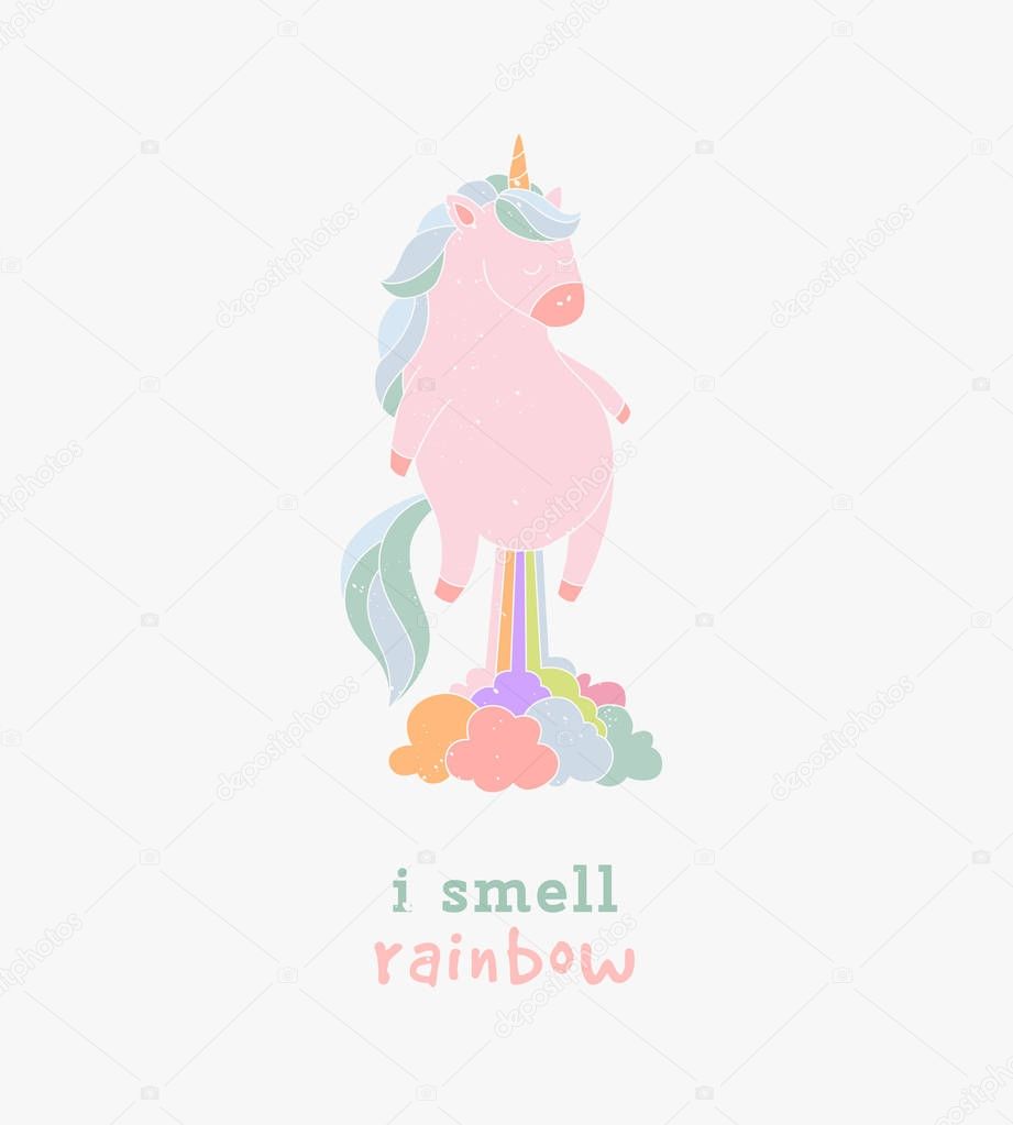 Funny vector illustration flying unicorn farting rainbow. Magic cute card set with a wish for holiday, doodle nursery art