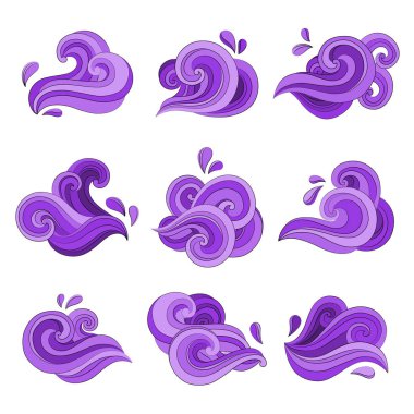 Beyaz izole doodle okyanus ya da deniz dalgası, kümesi. Sörf su etiket öğesi, El Çekilmiş simgesi.