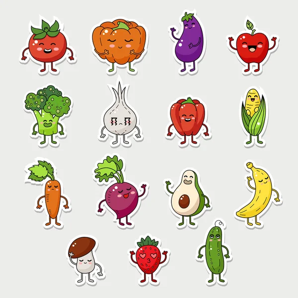 Conjunto de personajes de frutas y verduras vectoriales, icono de la comida divertida con cara de emociones . — Archivo Imágenes Vectoriales