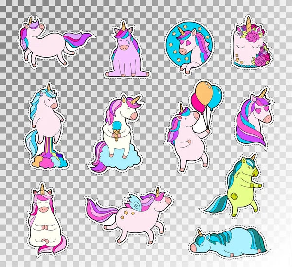 Färgade doodle uppsättning söt enhörning. Vector skiss illustration av unicorn känslor klistermärke. — Stock vektor