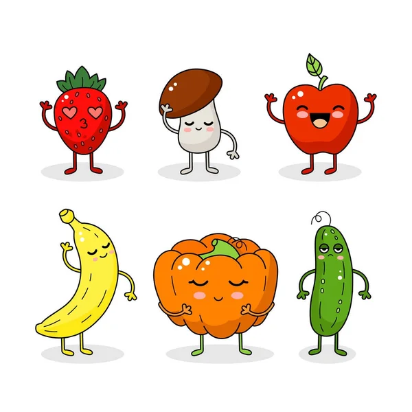 Desenhos animados engraçado vegetal e frutas personagens. adesivo vegetal feliz grande coleção . — Vetor de Stock