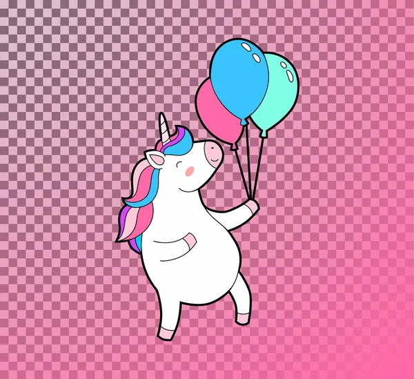 Schattig vet unicorn springt met ballonnen in de hand. Eenhoorn met regenboog haar geïsoleerde vector icon. — Stockvector