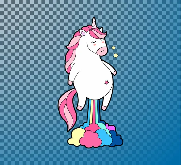 Lindo unicornio gordo pedorreando arco iris. Unicornio icono vectorial aislado . — Archivo Imágenes Vectoriales