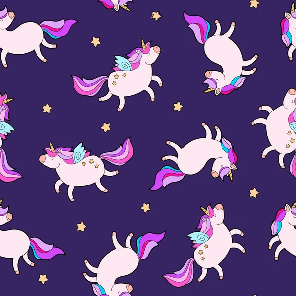 Pola tidur unicorn gemuk yang lucu. Desain anak vektor pola unicorn mulus . - Stok Vektor