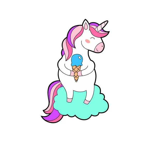 Unicorno grasso carino con gelato. Animale magico dei cartoni animati. Corno d'arcobaleno, capelli rosa . — Vettoriale Stock