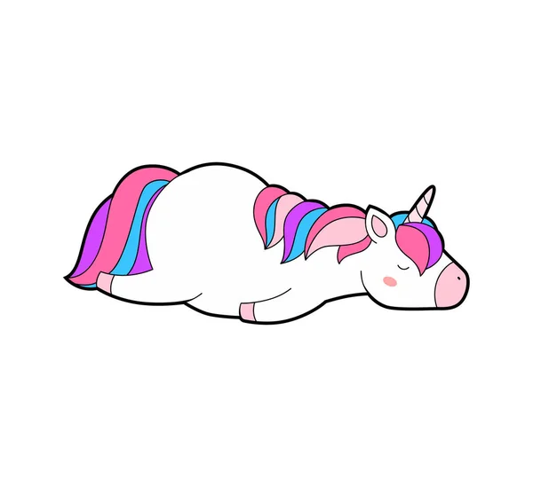 Söt fett unicorn söta drömmar ut. Magiska tecknad djur. Rainbow horn, rosa hår. Dröm symbol. — Stock vektor