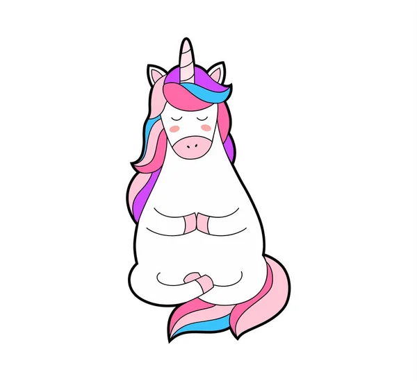 Sevimli şişman meditasyon unicorn yazdırma. Sihirli Karikatür hayvan. — Stok Vektör