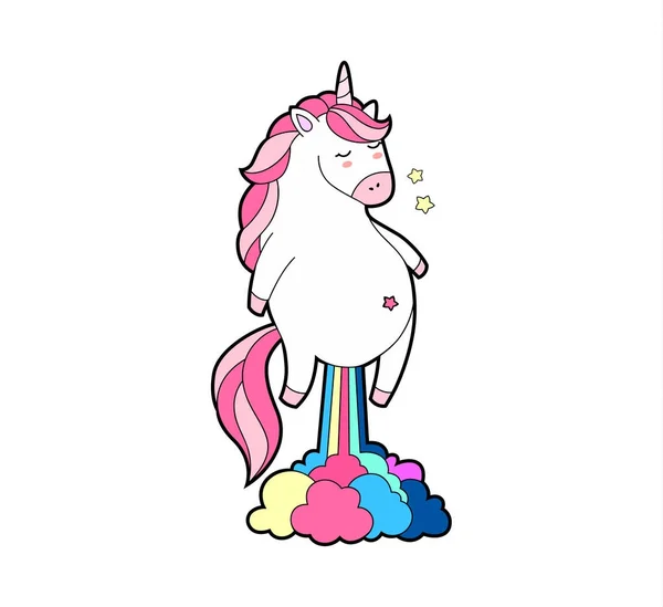 Schattig vet unicorn farting regenboog. — Stockvector