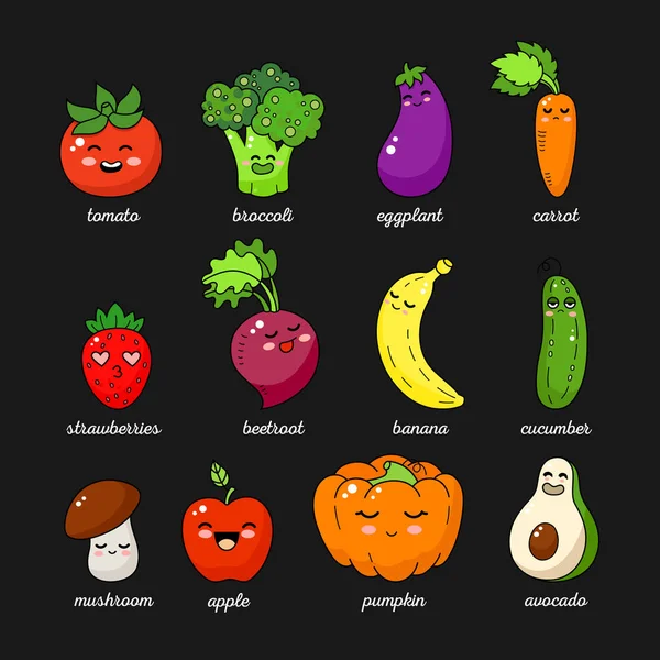 Personnages de légumes drôles de bande dessinée. Joyeux sourire visage de légume isolé sur le dos sombre . — Image vectorielle