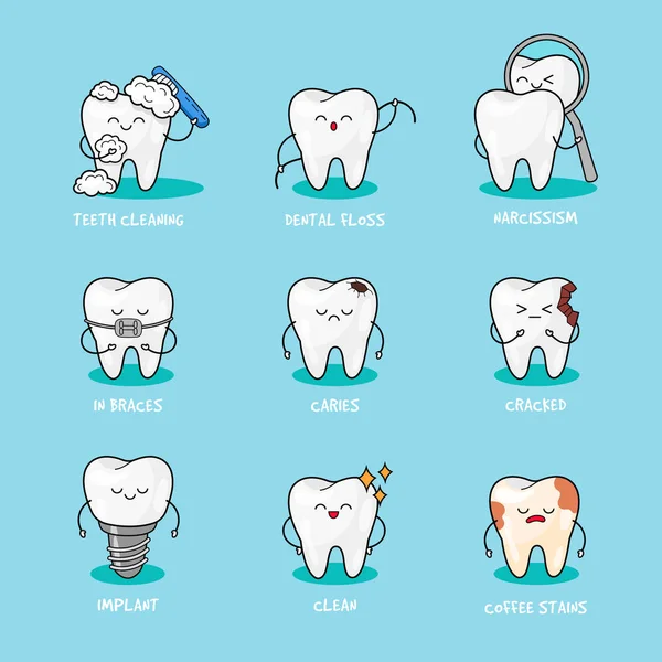 Dentes felizes. Personagens de dentes bonitos. Ilustração do vetor de personagem dentária . —  Vetores de Stock