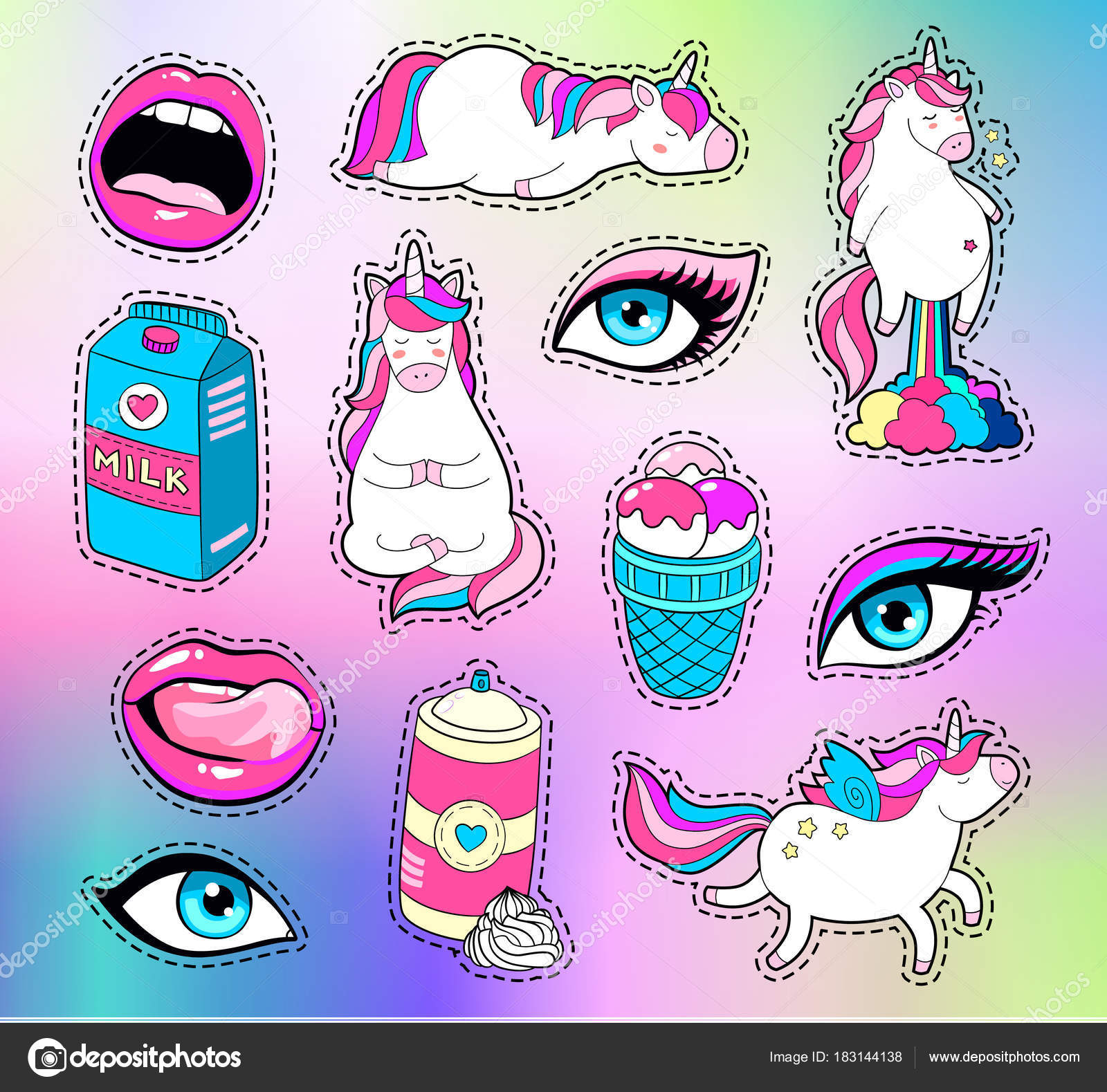 Vector Set of Cute Funny Patches and Stickers in 90s Style.Modern