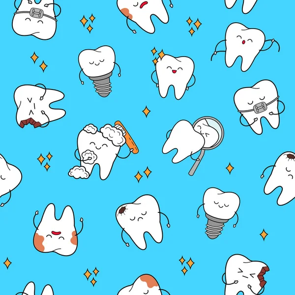 Lindo tema patrón dental. Alegres personajes dientes — Vector de stock