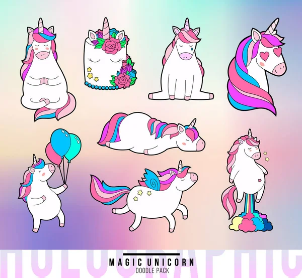 Sihirli unicorn doodle yamalar. Holografik arka doku. Vektör çizim.