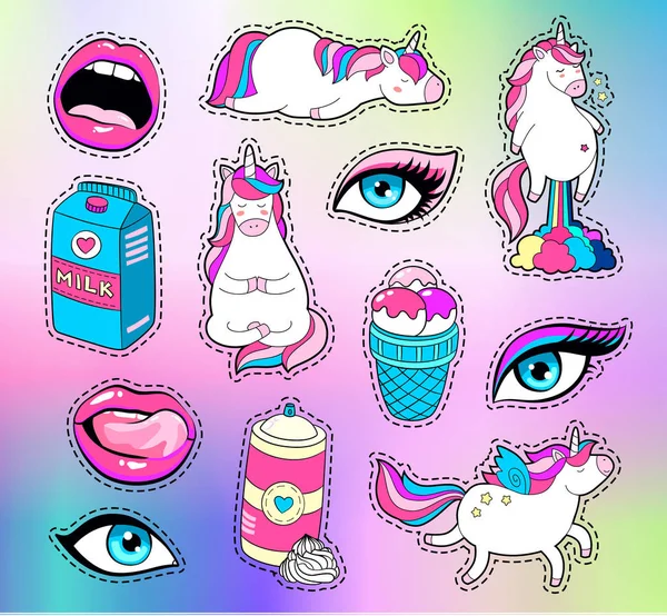 Conjunto de patch bonito moderno wih unicórnio no fundo holográfico. Desenhos animados estilo 80s-90s em cores de néon rosa e azul . —  Vetores de Stock