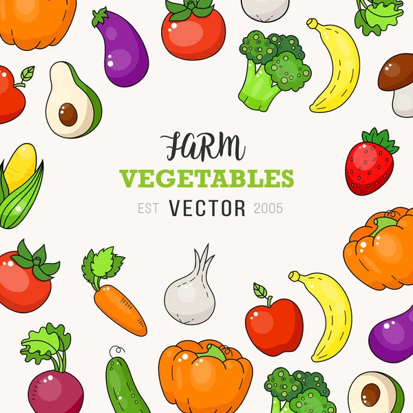 Couvercle vecteur de légumes. Nourriture carotte, tomate et brocoli champignons, betteraves et avocat . — Image vectorielle