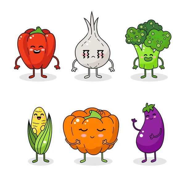 Pimienta, maíz, cebolla. Felices verduras sonrientes aisladas sobre fondo blanco. Brócoli, calabaza, berenjena — Archivo Imágenes Vectoriales