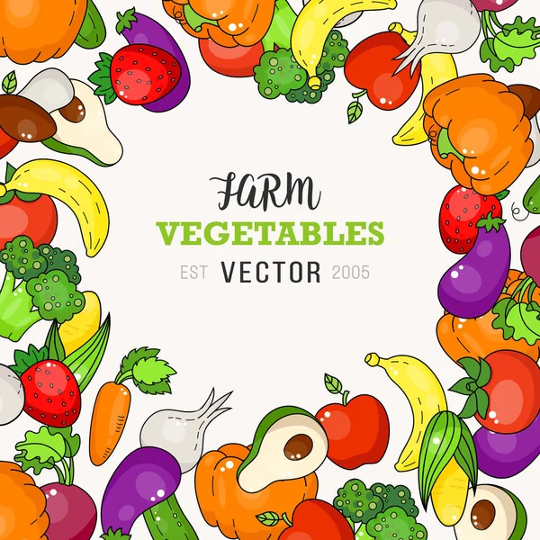 Friss házi növényi doodle illusztráció. Élelmiszer-sárgarépa, paradicsom és brokkoli, gomba, répa és avokádó. — Stock Vector