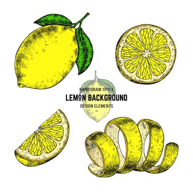 Stil oyma olarak çizilmiş vektör çizim limon ver. Limon ambalaj, desen ve etiket yazdırma.