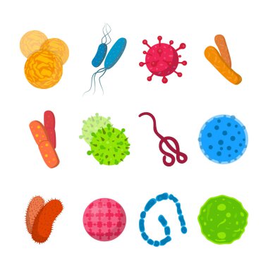 Vektör Biyoloji simgeler. Bakteri ve mikrop örnek organizma alerjen. Stafilokok, ebola ve diğer.
