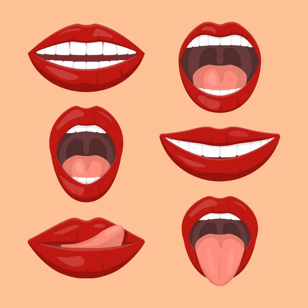 Emoties van de vrouw, meisje mond met rode lippen pictogram instellen. Platte vector stijl — Stockvector