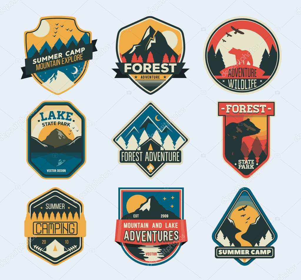 Set of isolated badges with mountain peaks and forest camp. Wild travel sticker. Landscape of rocks, national park